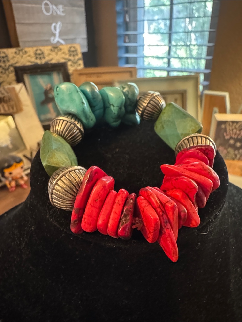 Fashion Turquoise & Red Stone Stretch Bracelet with Silver Accents